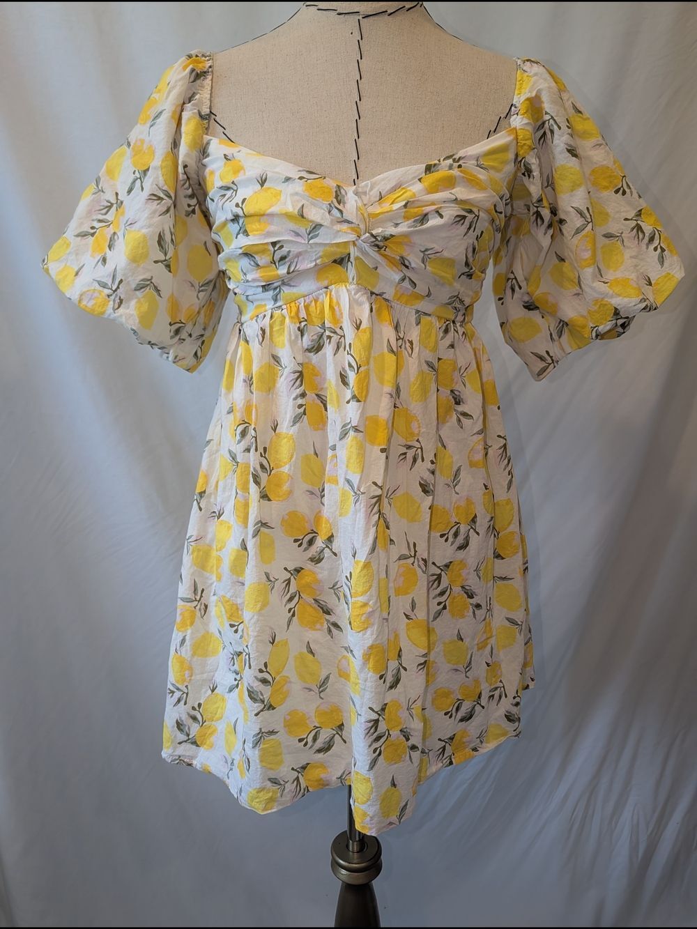 Trixxi Lemon Print BabyDoll Dress Puff Sleeves Empire waist ruched Cotton